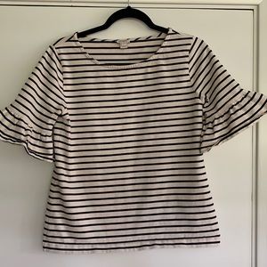 Jcrew Ruffle Sleeved Navy and Cream Striped Shirt